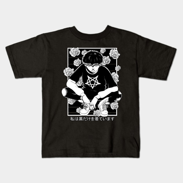 Goth Anime Boy Gothic Japanese Vaporware Aesthetic Kids T-Shirt by Noseking